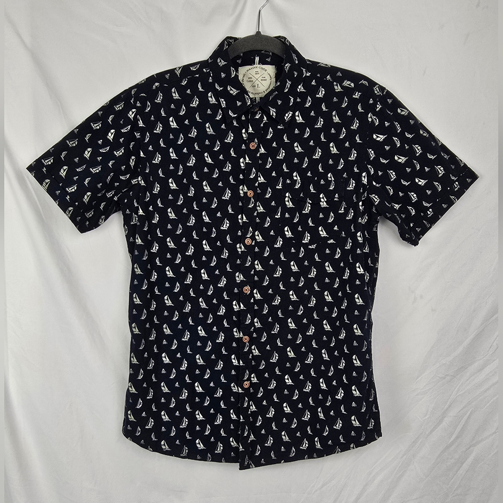 Native Code Navy Blue Nautical Sailboat Button-Up Short Sleeve Shirt Men's sz L